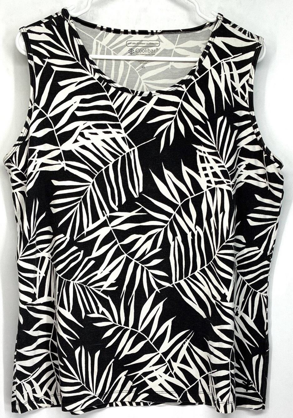 Coolibar Womens XL Verdra V Neck Tunic Top UPF 50+ Black White Leaf Print